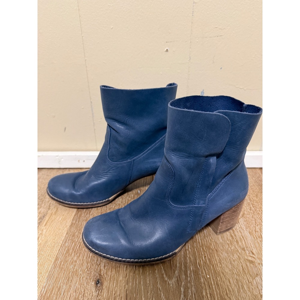 Fatte A Mano Italia Womens 38 Blue Leather Ankle Boots Block Heel Side Zip Boho - Picture 4 of 13